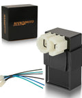 GY6 6 Pin AC CDI Box with plug connector and replacement wires for scooters, mopeds, ATVs, and motorcycles.