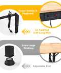 Adjustable Workbench With Power Outlet And ETL Certified USB Ports showing outlets, pegboard, and adjustable feet details