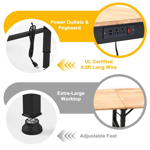 Adjustable Workbench With Power Outlet And ETL Certified USB Ports showing outlets, pegboard, and adjustable feet details