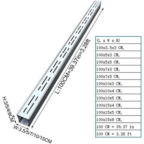 All In One Stainless Steel Trench Drainage System Kit With Outdoor Grate For Courtyards And Driveways, size specifications chart