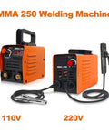 250A Arc Welder Inverter 110V 220V Dual Voltage Workhorse Welding Machine With Full Kit for home shop use, orange casing, MMA 250 shown