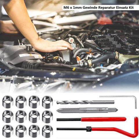 Fixinus 30-piece M6x1.0 thread repair kit with stainless steel helicoil inserts and hand tools beside a car engine