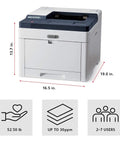 Top Shelf Color Printer With Hella Fast 30 Pages Per Minute Duplex Printing, 250 Sheet Capacity, Front Usb Access, Ethernet And Usb Hooks Up Easy For Any Hustling Workspace, dimensions shown.