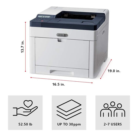 Top Shelf Color Printer With Hella Fast 30 Pages Per Minute Duplex Printing, 250 Sheet Capacity, Front Usb Access, Ethernet And Usb Hooks Up Easy For Any Hustling Workspace, dimensions shown.