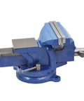 Heavy Duty Bench Vise With Anvil And 360 Degree Swivel Locking Base For A Real Workhorse Clamping In Home Shops Or Industrial Settings, 5 Inch Jaw, blue cast iron vise with swivel base and steel handle