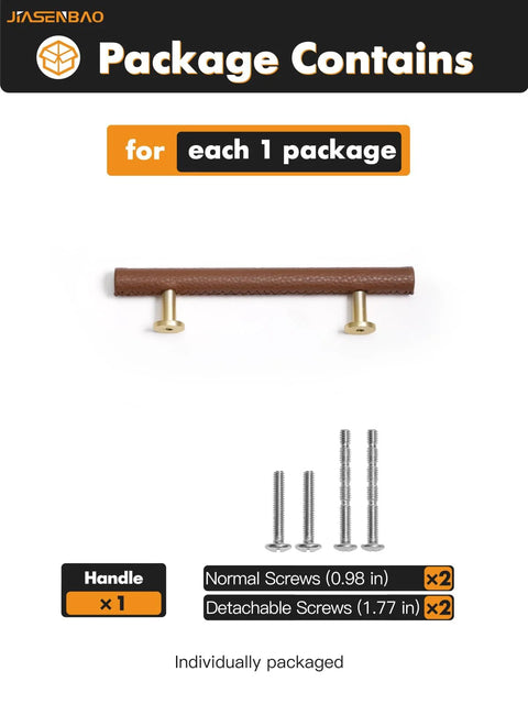 Package contents for Brown Leather Drawer Pulls 5 Pack, 3.78 Inch Hole Center with brass base and included screws.
