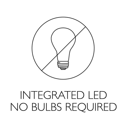 Diagram of bulb crossed out with text 'Integrated LED No Bulbs Required' representing Washburn LED Outdoor Indoor Ceiling Light with Clear Seedy Glass.
