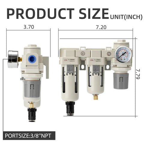 Product dimensions of Air Filter Dryer With Auto Drain And Semi Auto Drain Dual Air Filters Pressure Regulator Water Separator.