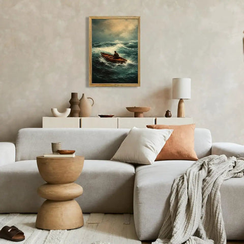 Framed Stormy Ocean Rowing Poster Canvas Print Art Vintage Contemporary Wall Decor for living room with wood frame