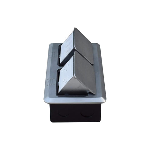 Pop Up Floor Outlet With 1 HDMI And 2 LAN Ports, 2 125V TR Receptacles, stainless steel duplex cover, side view, smooth open damper visible