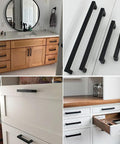 Matte Black Cabinet Pulls Square Drawer Handles with 3-3/4 Inch Hole Centers 96 mm Stainless Steel installed on wooden cabinets.