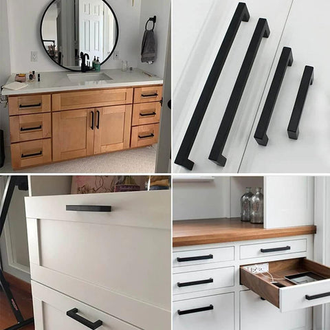 Matte Black Cabinet Handles Square Drawer Pulls 3 Inch Hole Centers Stainless Steel 10 Pack 76mm For Cabinets And Drawers Modern Kitchen Hardware Easy Installation shown on various drawers and cabinets