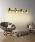 Brushed Brass Vanity Light Fixture With Four Modern Wall Bar Sconces Over Mirror, IP44 waterproof, lit above seating area
