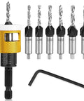 Go To Countersink Drill Bit Set With Low Friction Depth Stop And Replaceable HSS Pilot Bits displayed with 8 pieces including hex key