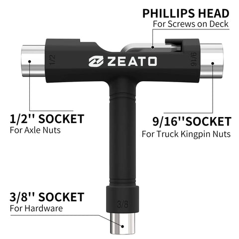 All-in-One Skate Tool Kit For Skateboard Maintenance, Portable T Tool With T-Type Allen Key And L-Type Phillips Head Wrench, Black