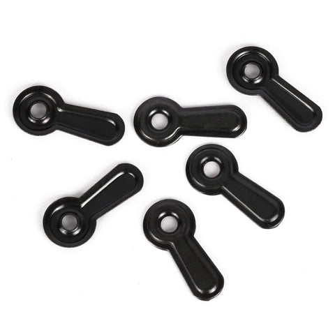 Six black plastic turn-button fasteners for photo frames in a top-down view