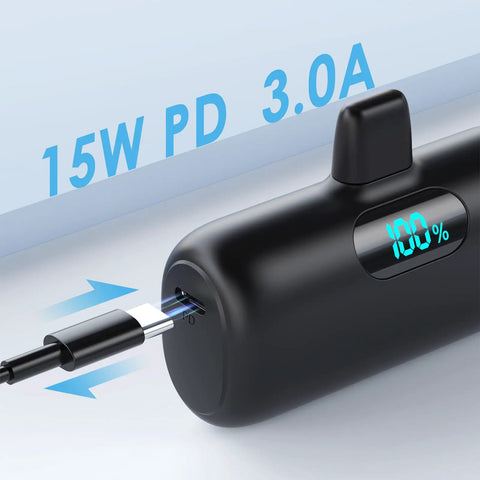 Nifty 5000mAh PD Fast Charging Power Bank For iPhone 14 And 13 Series showing charging port and digital display.