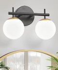 Black And Gold Two Light Vanity Light Fixtures With Globe Milky Frosted Glass For Bathroom Over Mirror, Mid Century Modern Design