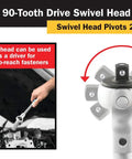 Close-up of 90-tooth swivel head ratchet in use with 250-degree pivot, part of 5-Piece Aluminum Ratchet Set With 90-Tooth Swivel Head And Flat Head Drives, Includes Quarter Inch, Three-Eighth Inch, Half Inch Drives, Dual Swivel Head And Flat Head Design, Lightweight Aluminum Build, ANSI Certified, Perfect For Home Garage