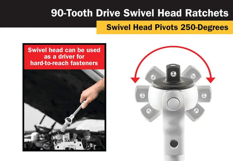 Close-up of 90-tooth swivel head ratchet in use with 250-degree pivot, part of 5-Piece Aluminum Ratchet Set With 90-Tooth Swivel Head And Flat Head Drives, Includes Quarter Inch, Three-Eighth Inch, Half Inch Drives, Dual Swivel Head And Flat Head Design, Lightweight Aluminum Build, ANSI Certified, Perfect For Home Garage