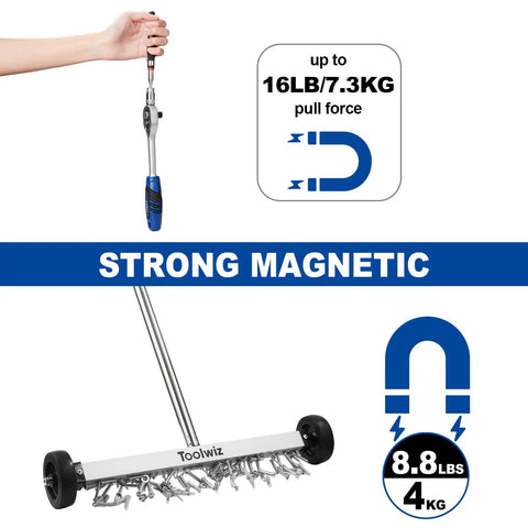 17 Inch Rolling Magnetic Sweeper with Telescopic Magnetic Pick Up Tools showcasing pull force and metal debris capability.