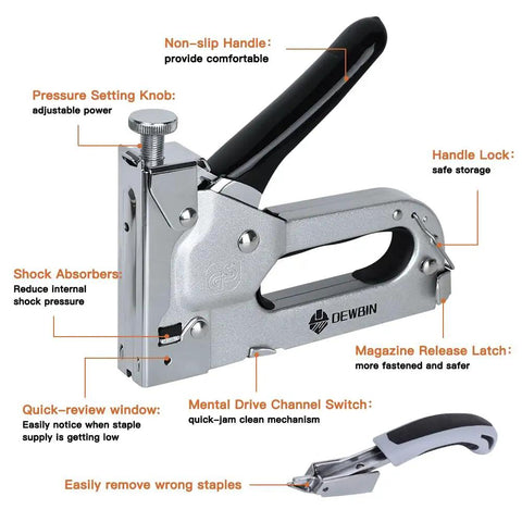Heavy Duty Upholstery Staple Gun 4 In 1 Stapler With 2000 Staples Manual Brad Nailer Power Adjustment features and parts.