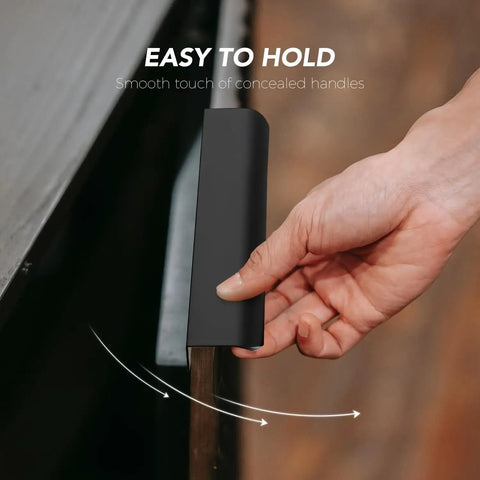 Hand using Five Piece Hidden Furniture Handles Black Edge Pulls Invisible Aluminum Alloy No Fingerprints Punch Free Cabinet Hardware
