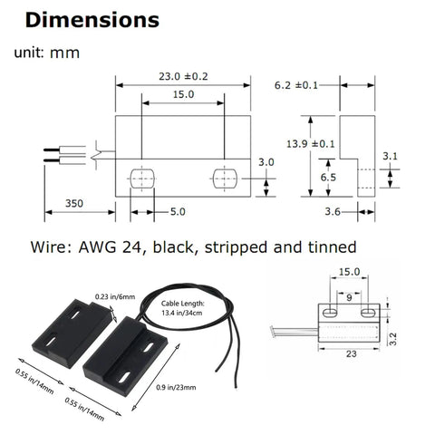 Dimensions of Wired Door Window Contact Sensor Two Pack Micro Normally Open Reed Switch with AWG 24 wire and dimensions specs.