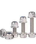 Stainless Steel M6 Flange External Hex Head Screws With Serrated Flange, Nylon Insert Nuts Kit, M6x25 Inch, 20 Sets displayed in a row
