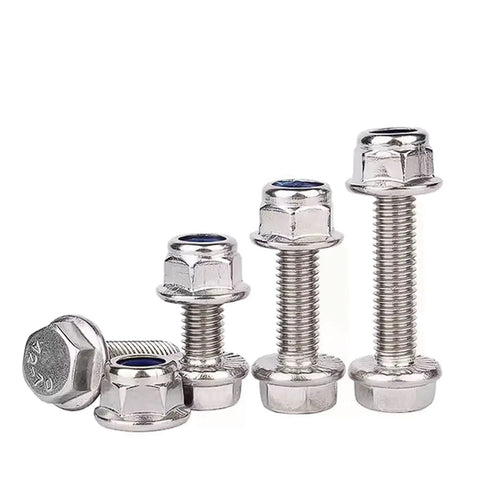 Stainless Steel M6 Flange External Hex Head Screws With Serrated Flange, Nylon Insert Nuts Kit, M6x25 Inch, 20 Sets displayed in a row