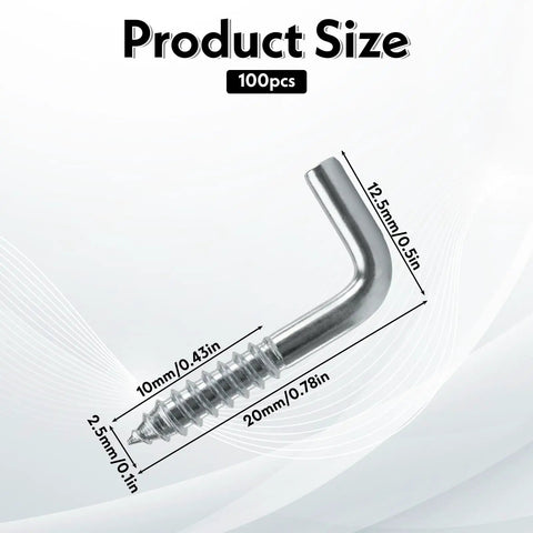 Level Up Your Home Storage Game With These 100 Pack Stainless Steel L Hooks Right Angle Screw Eye Hooks Rust Resistant Wall Mounts For Keys Jewelry And Quick Office Ready Setup Anytime Now, showing dimensions and details.