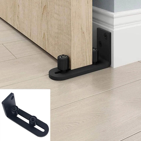 Heavy Duty Sliding Barn Door Floor Guide With Stainless Steel Construction Adjustable Castors And Ball Bearings For Smooth Stable Operation Rust Resistant Brushed Finish Flush Flat Bottom Design 1 Set installed view on wooden floor