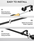 Black 5/8 Inch Curtain Rod Set For Windows 18 To 45 Inches, Short Adjustable Drapery Pole With Finials, Brackets, Connectors And Hardware, Matte Black Finish For Easy Install showing installation steps.
