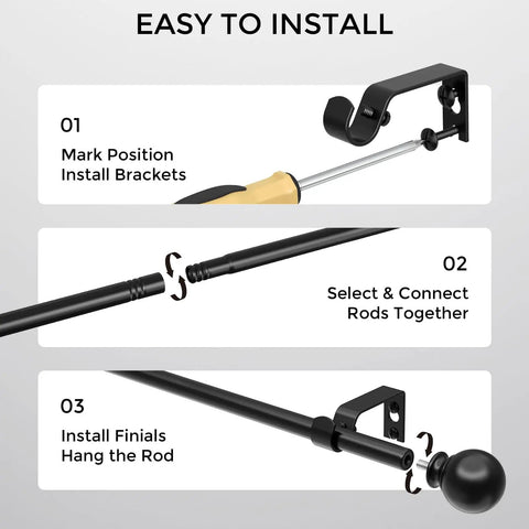 Black 5/8 Inch Curtain Rod Set For Windows 18 To 45 Inches, Short Adjustable Drapery Pole With Finials, Brackets, Connectors And Hardware, Matte Black Finish For Easy Install showing installation steps.