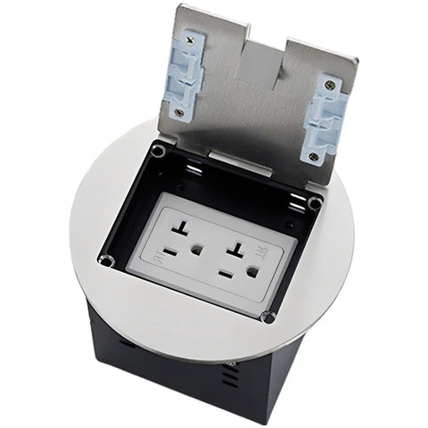 20 Amp Six Gang Recessed Floor Outlet Stainless Steel Round Power Socket Kit With Splash Proof Cover showing open lid and ports