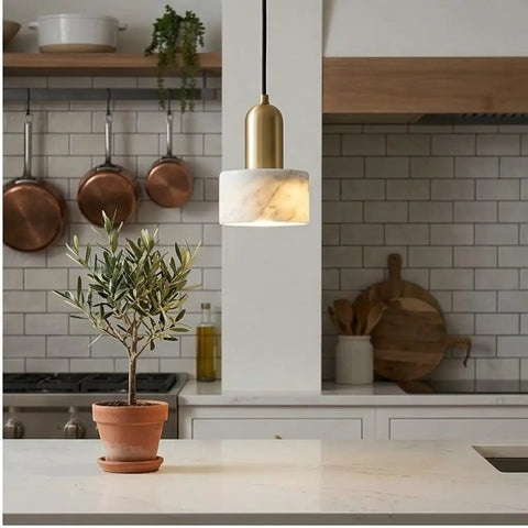 HLRCB Indoor Pendant Light, Marble Adjustable Drop, Modern Suspended Mount in a stylish kitchen setting.