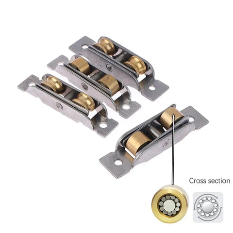 Top Shelf Stainless Steel Sliding Door And Window Double Wheel Pulley Rollers Heavy Duty Flat Groove Track Replacement Parts, showcasing rollers with brass wheels.