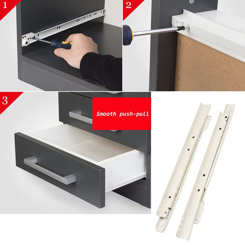 Beefy Drawer Slides Kit 1 Pair Metal Runners With 50kg Load, Two-Section Full Extension For Kitchen Cabinets, Dresser, Bathroom And Keyboard Storage, Anti Rust Wear Resistant White Finish installed on drawer cabinet