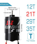 Budget Friendly Beefy Torque 21T Brushed Waterproof RC Motor for 1 10 Scale Crawlers and Boats With Longer Armature Built For Tough Off Road Action and Axial SCX10 JL 90046 TRX4 TRX6 Rigs showing dimensions and specifications