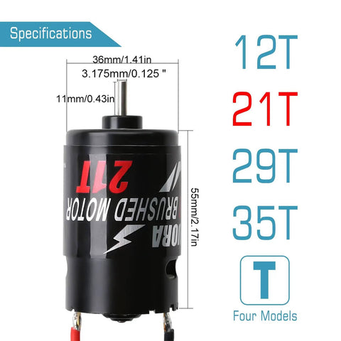 Budget Friendly Beefy Torque 21T Brushed Waterproof RC Motor for 1 10 Scale Crawlers and Boats With Longer Armature Built For Tough Off Road Action and Axial SCX10 JL 90046 TRX4 TRX6 Rigs showing dimensions and specifications