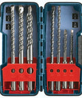 Front view of Bosch HCK001 7-pc SDS-Plus Bulldog rotary hammer bit set in blue case with red bit holders