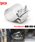 Beefy 2.25 Inch Exhaust Clamp Set For Cars Dual Butt Joint Band Sleeve Connector Stainless Steel Muffler Clamp shown installed and close-up.