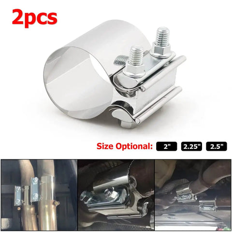 Beefy 2.25 Inch Exhaust Clamp Set For Cars Dual Butt Joint Band Sleeve Connector Stainless Steel Muffler Clamp shown installed and close-up.