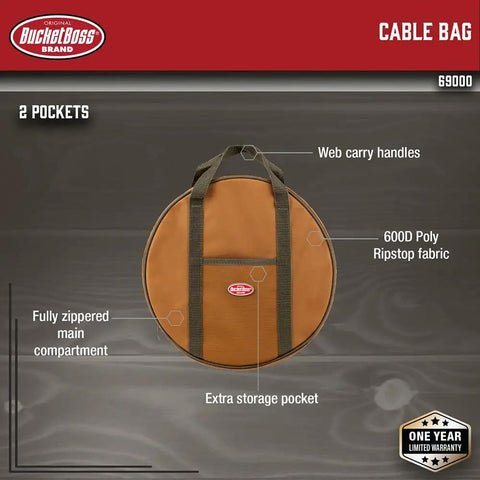 Cable Bag For Trucks And Rigs, brown bag with web carry handles, exterior pocket, fully zippered main compartment, 600D Poly fabric