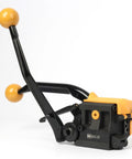 Hefty No Fuss Sealless Steel Strapping Tool And 3 In 1 Manual Metal Banding Machine with yellow handles and black body for tightening pallets.
