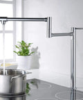 Deck Mount Pot Filler Faucet in Chrome Finish with Extension Shank and 20 Inch Dual Swing Joints Spout Filling Pot on Stove