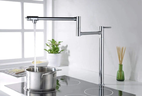 Deck Mount Pot Filler Faucet in Chrome Finish with Extension Shank and 20 Inch Dual Swing Joints Spout Filling Pot on Stove