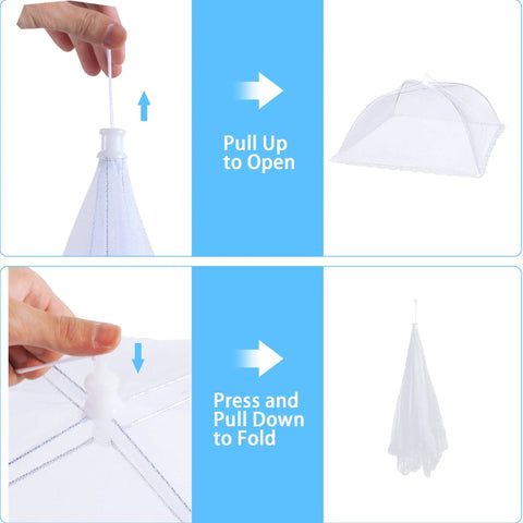 Outdoor Mesh Food Covers Set 10 Pack Pop Up Tents for Picnic and Camping, showing pull up to open and fold instructions.