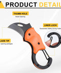 Mini Pocket Folding Knife With Carabiner Clip, 3Cr13 Stainless Steel Blade 1.38 Inches, Orange and Black showing thumb hole and liner lock