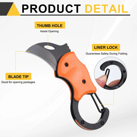 Mini Pocket Folding Knife With Carabiner Clip, 3Cr13 Stainless Steel Blade 1.38 Inches, Orange and Black showing thumb hole and liner lock